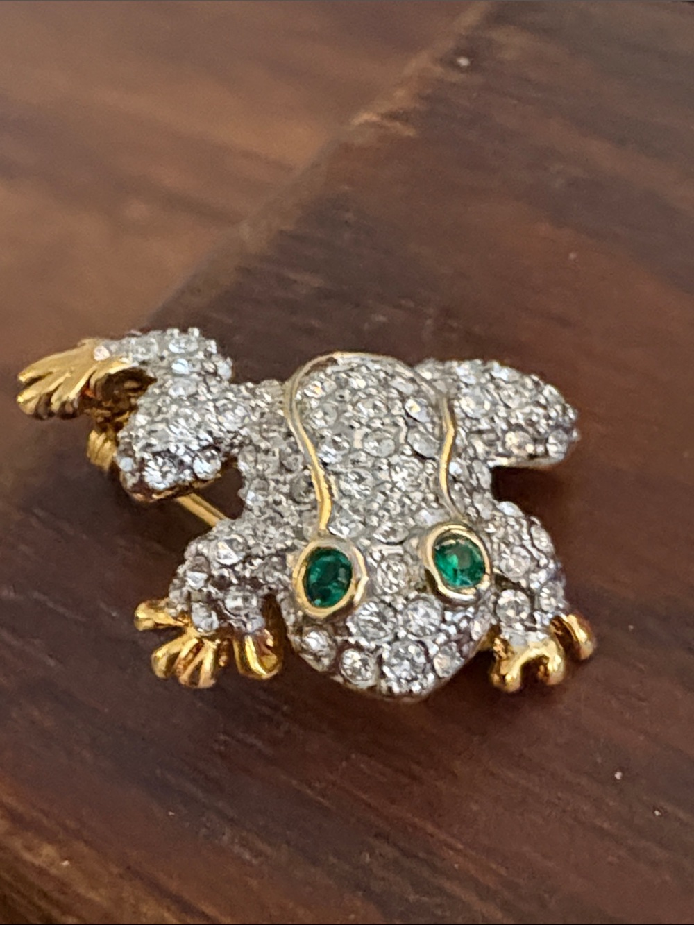 Vintage Gold-Tone Frog Brooch with Clear Crystals and Green Eyes